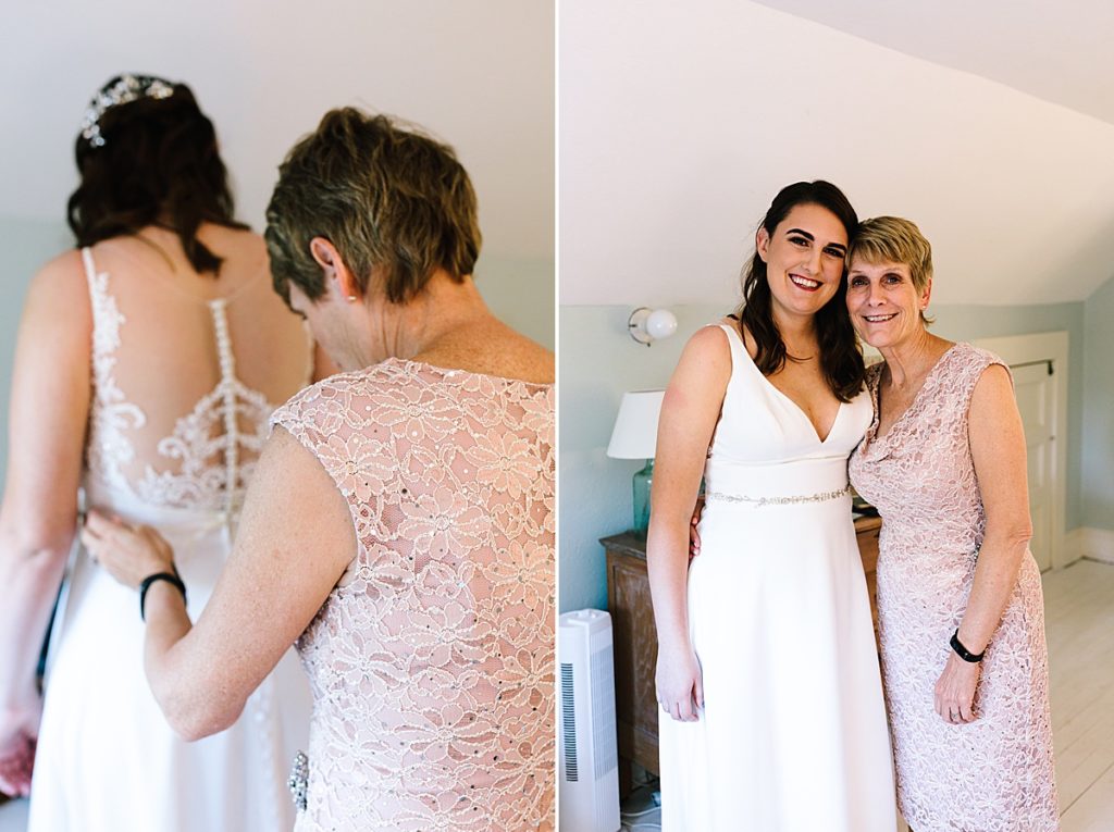 mom and bride finish getting ready before their small wedding ceremony, bride is wearing a dress from Savvy's bridal in Kansas City