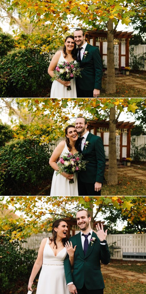 bride and groom at their intimate wedding ceremony in october with all the fall colors