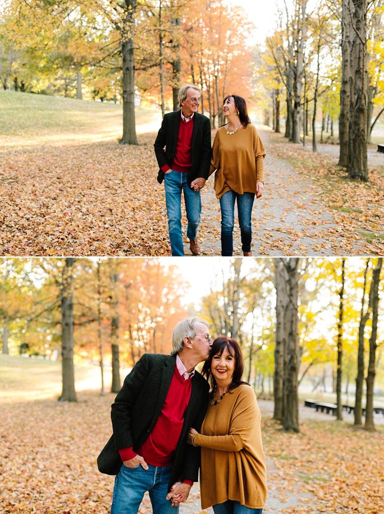 fall couples photos in kansas city, pose ideas for an older couple, warm rich autumn colors, red, orange, falling leaves