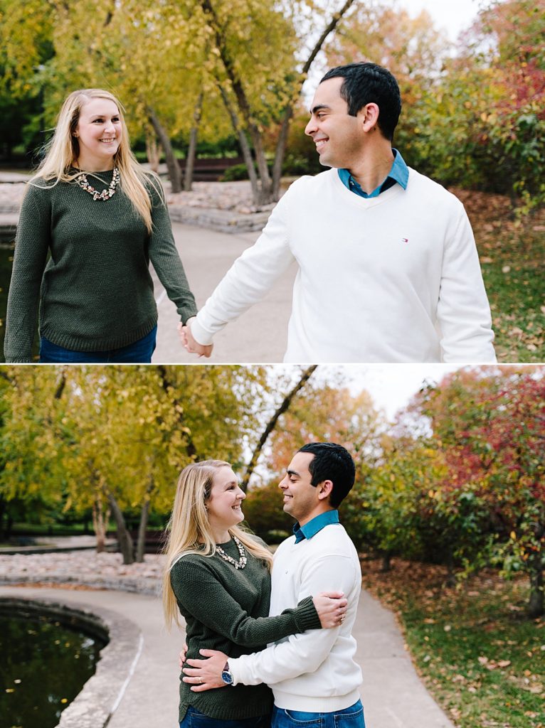 kansas city wedding photographer takes pictures of couple at Loose Park in October