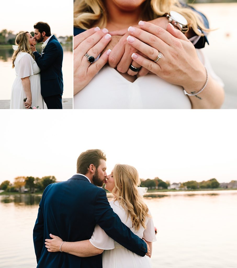 bride and groom pose ideas for couples photos and detail shots on the rings, bride and groom kiss on the dock after their wedding ceremony at the lake during sunset in kansas city