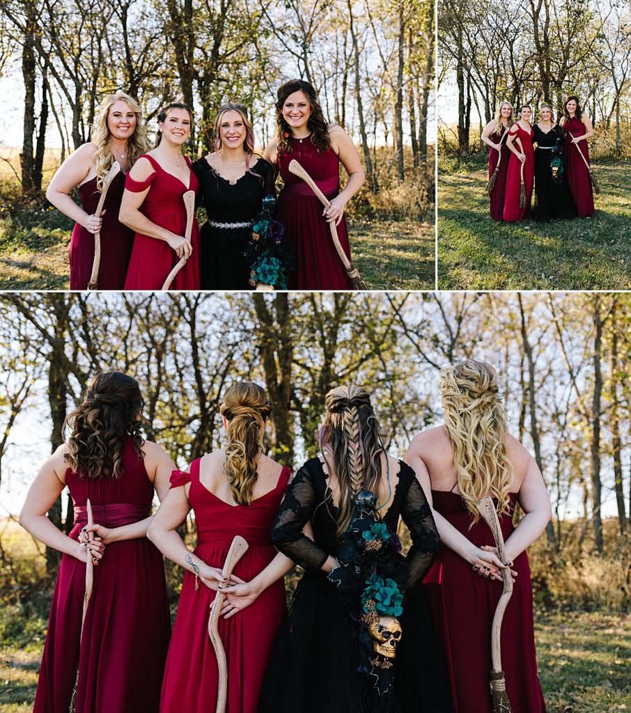 alternative bouquets, bridesmaids wearing red dresses carrying brooms for a halloween wedding in kansas city