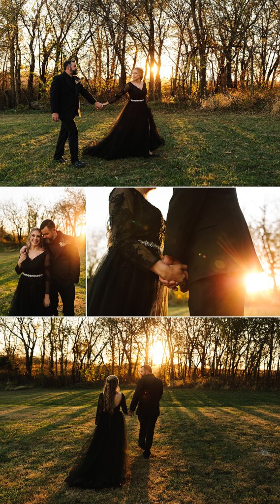 bride and groom during sunset after their halloween wedding in october in lawrence kansas