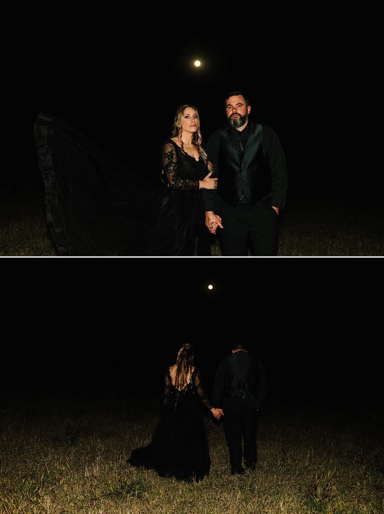 after dark photos, bride and groom with the full moon after their halloween wedding, bride wearing black lace wedding dress, groom wearing all black suit, groom attire, night time wedding portraits, flash wedding photography, spooky wedding photography ideas, halloween wedding inspo, kansas city october wedding