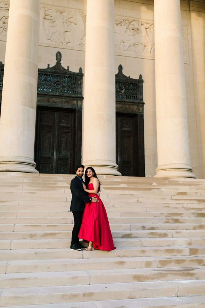 Romantic Engagement Session at the Nelson Atkins Museum of Art, Kansas City Photographer, red ball gown, what to wear to your engagement session