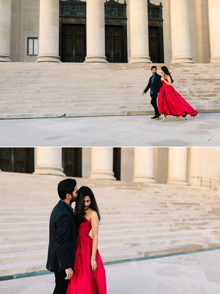 Romantic Engagement Session at the Nelson Atkins Museum of Art, Kansas City Photographer, girl wearing red ball gown,