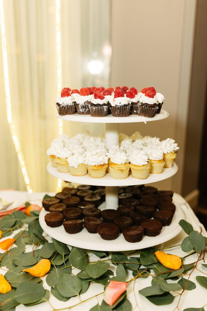 wedding cupcake bar, dessert, wedding dessert, raspberry chocolate cupcakes, mini brownies, mini cupcakes