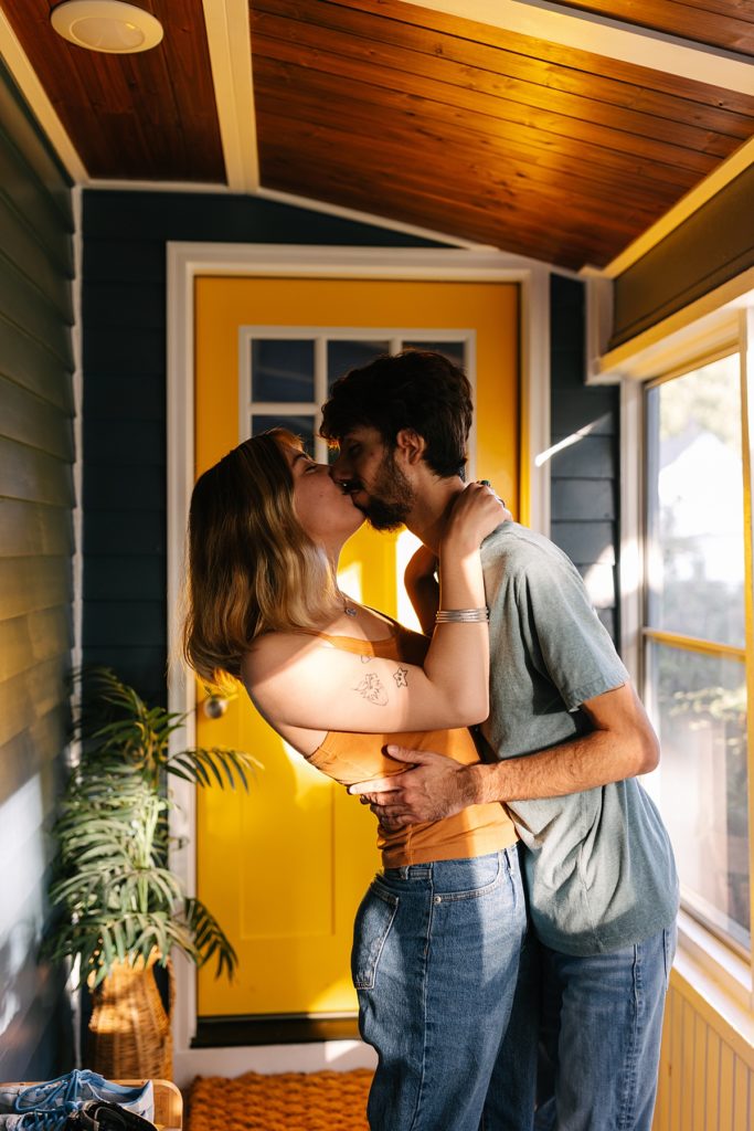 Five Tips For Your In-Home Photoshoot, Kansas City photographer, engagement session, engagement session locations, thrifted home decor, boho home, little blue house, fall engagement session, unique engagement session, intimate engagement session, true love, candid photos, looks like film, sunroom, golden hour, front porch