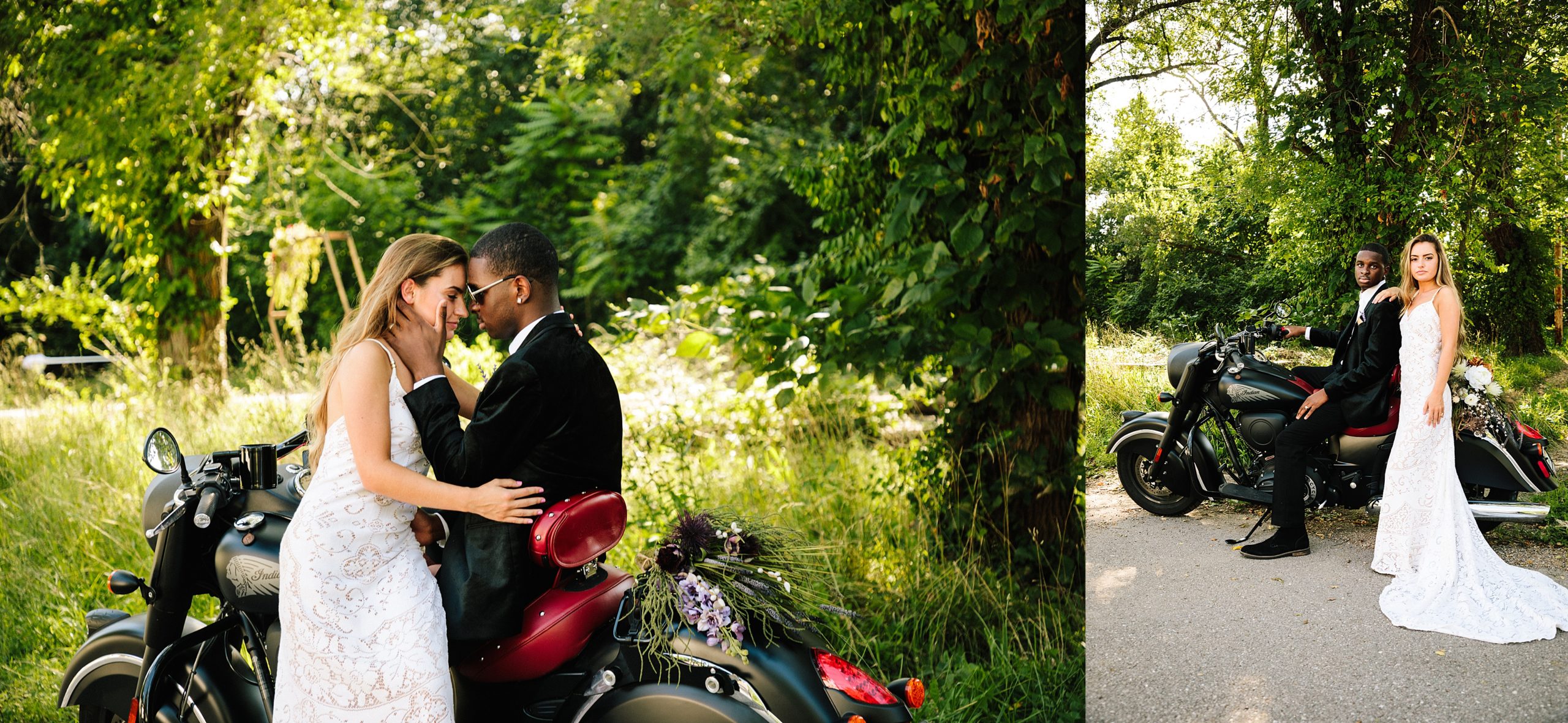 bride and groom on motorcycle