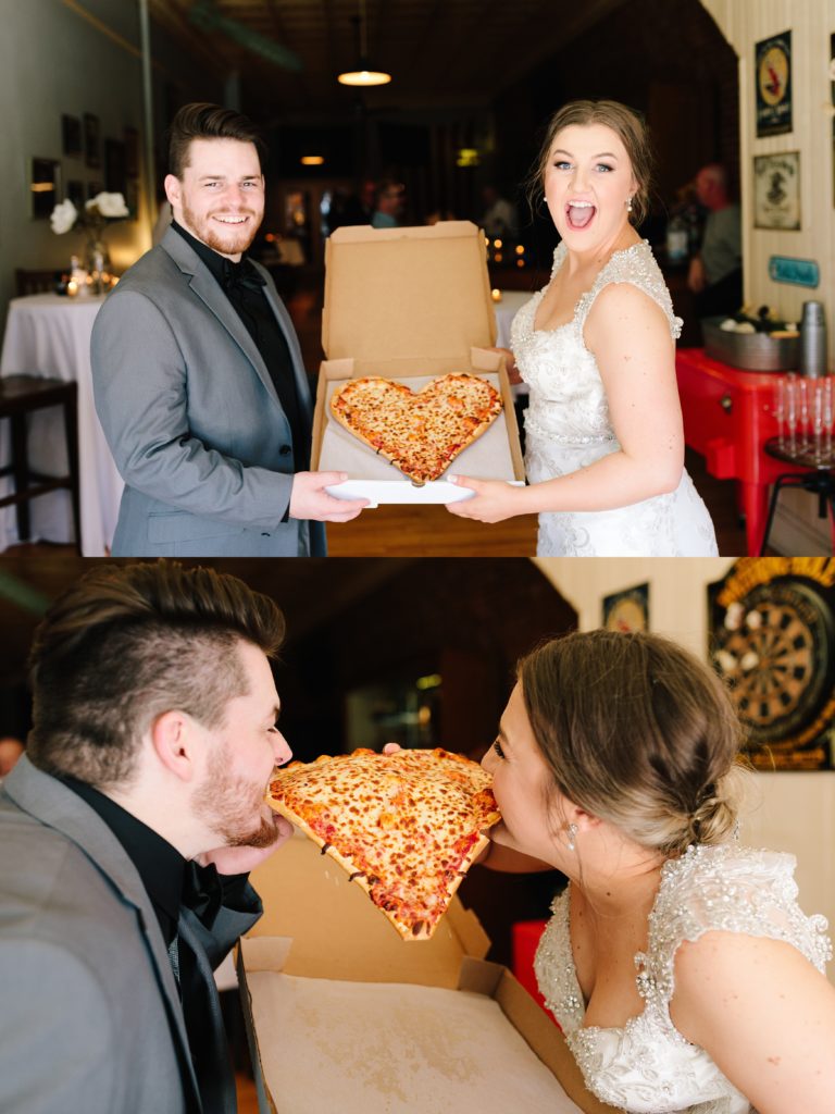 Bride and Groom eating a heart shaped pizza
