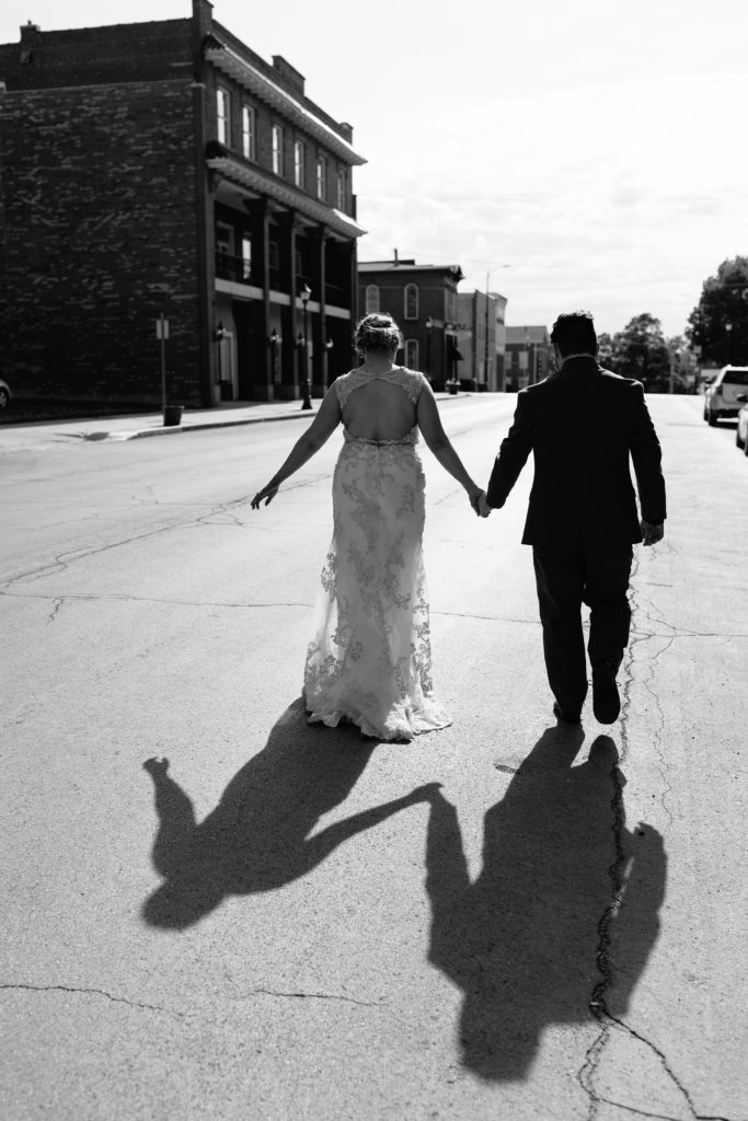 sunset portraits | black and white silhouette of bride and groom on their wedding day