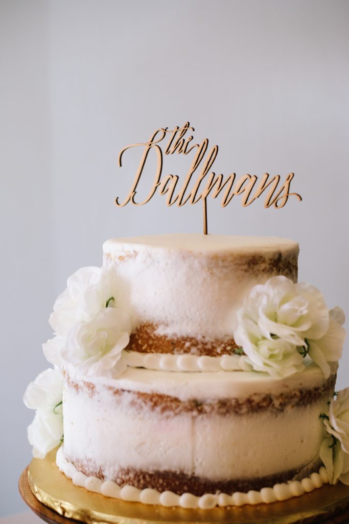 lemon blueberry cake | two tier naked cake with white flowers and laser cut wooden cake topper