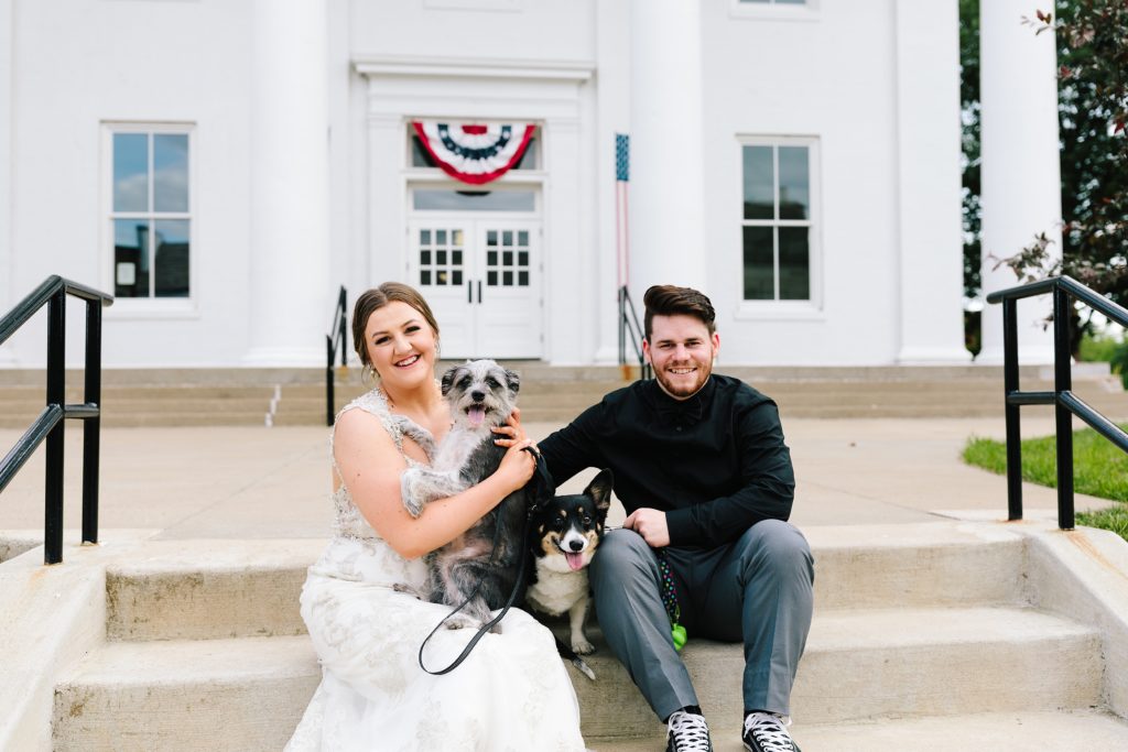 Bride and groom with their dogs on their wedding day | how to include your dogs in your wedding