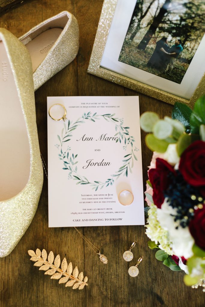 wedding day details, gold hair clip, sparkly gold flats, wedding invitation, floral invites, invitation suite, greenery