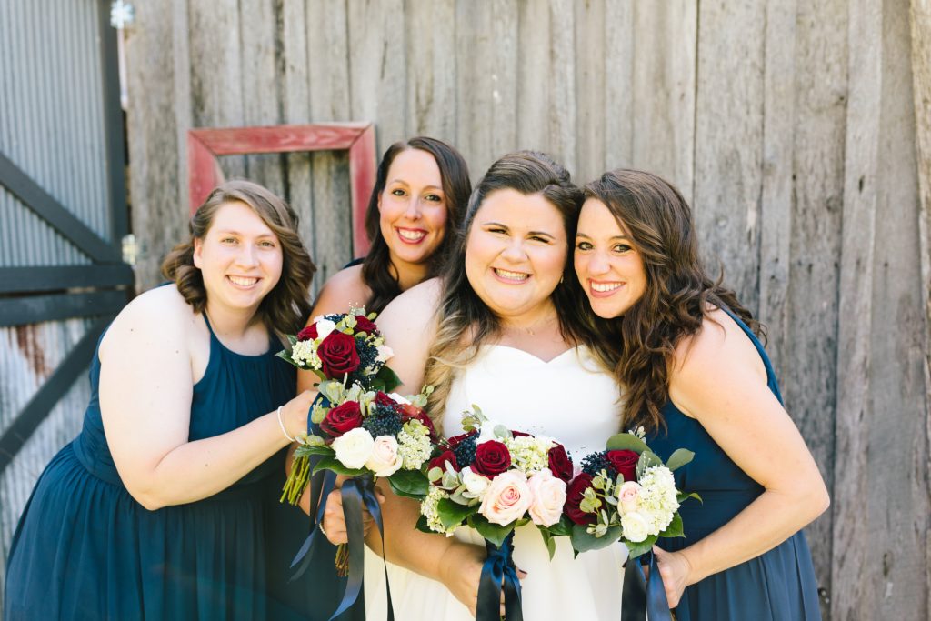 three bridesmaids, 3 bridesmaids, navy high neck dress, long bridesmaid dresses