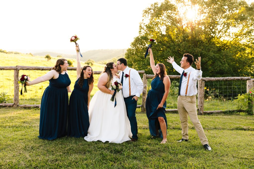 summer wedding at The Barn at Cricket Creek, Kansas City wedding photographer, fun wedding party photo ideas, celebrate, small bridal party