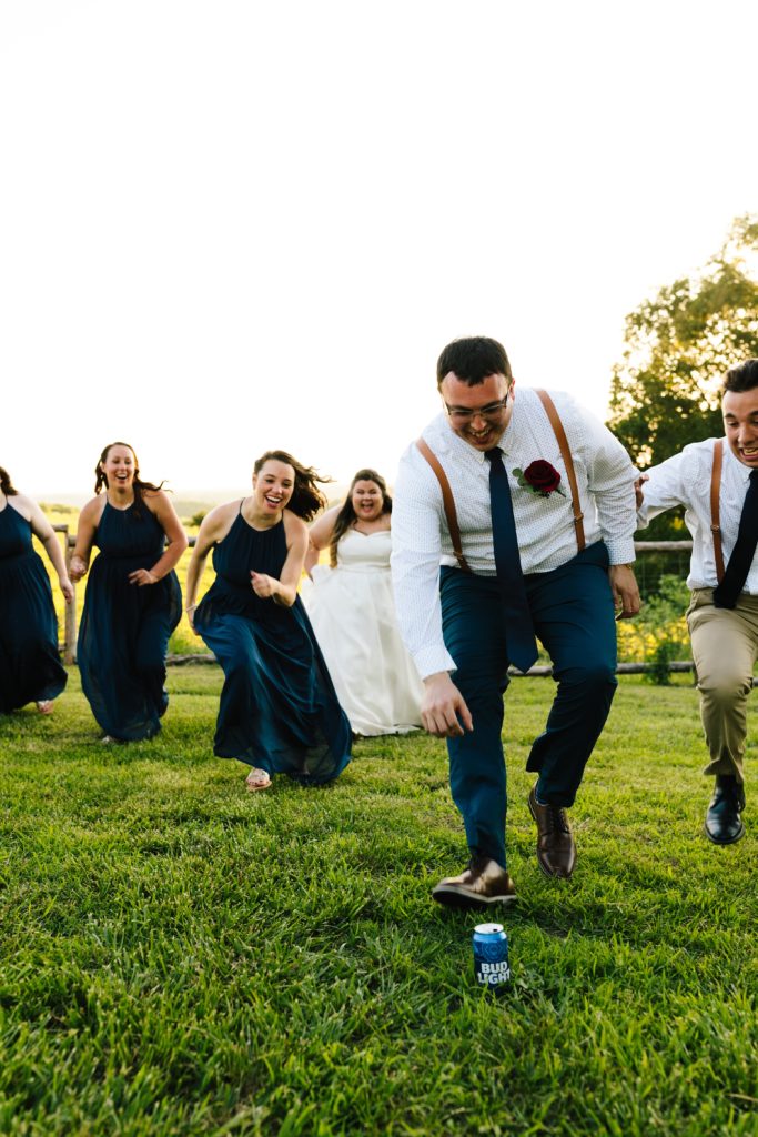 summer wedding at The Barn at Cricket Creek, Kansas City wedding photographer, funny wedding party pose ideas, bridal party prompts,