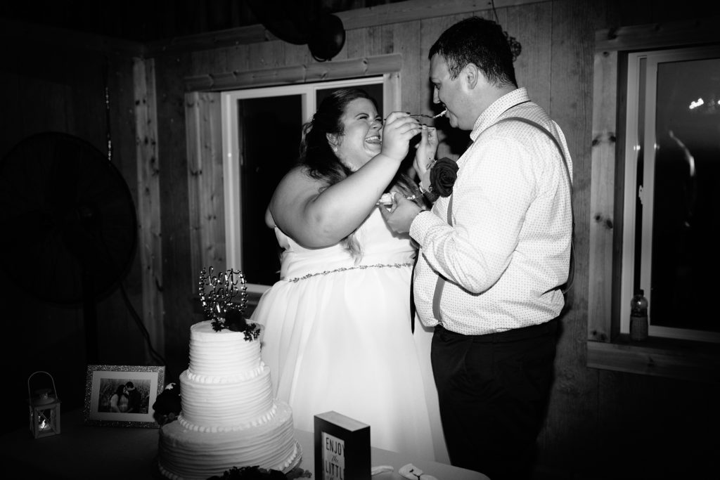 summer wedding at The Barn at Cricket Creek, Kansas City wedding photographer, wedding cake, cake cutting,