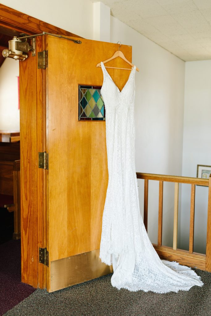 Kansas City wedding photographer, Stephanie's Bridal, wedding dress, short sleeve wedding dress with train, lace wedding dress, stainglass window