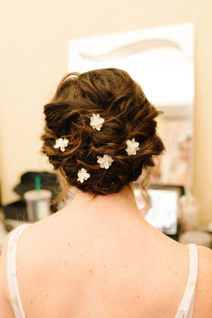 bridal hair, bridal hairstyle, flowers in her hair, up-do, boho up-do,