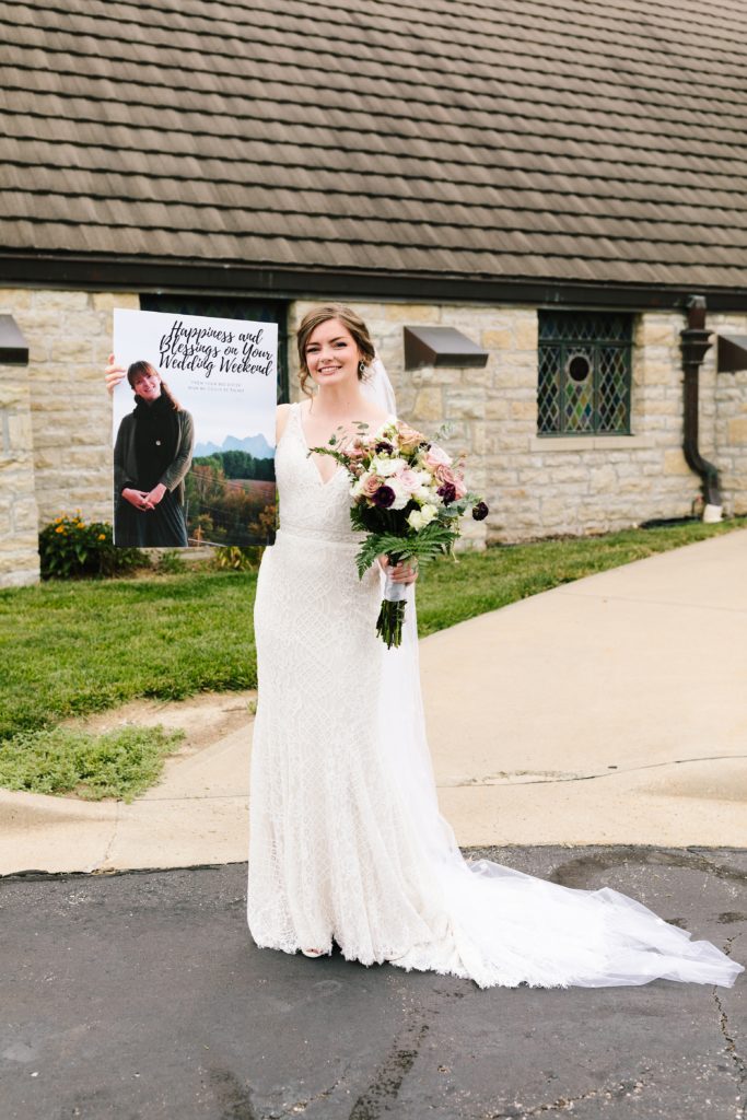 white, blush, maroon, and green bouquets, shades of pink color palette,large bouquet, roses, bride with sign, when guests can't come to your wedding, sister of the bride couldn't be at wedding