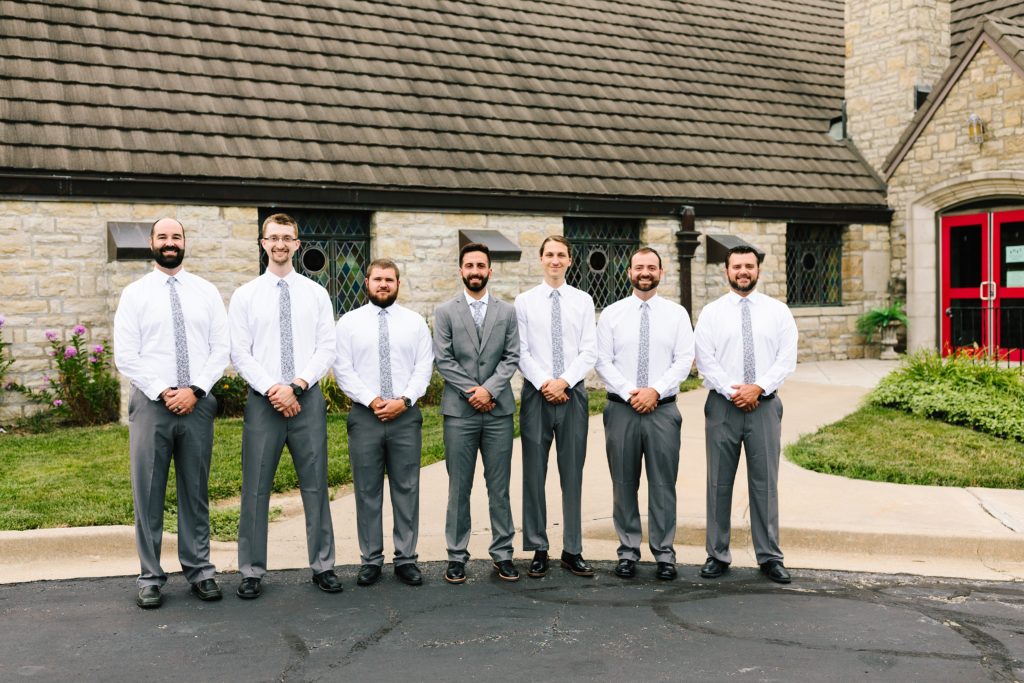 six groomsmen, 6 groomsmen, floral ties, purple ties, grey suits, Wedding at Gashland Evangelical Presbyterian Church in Kansas City, Kansas City wedding photographer
