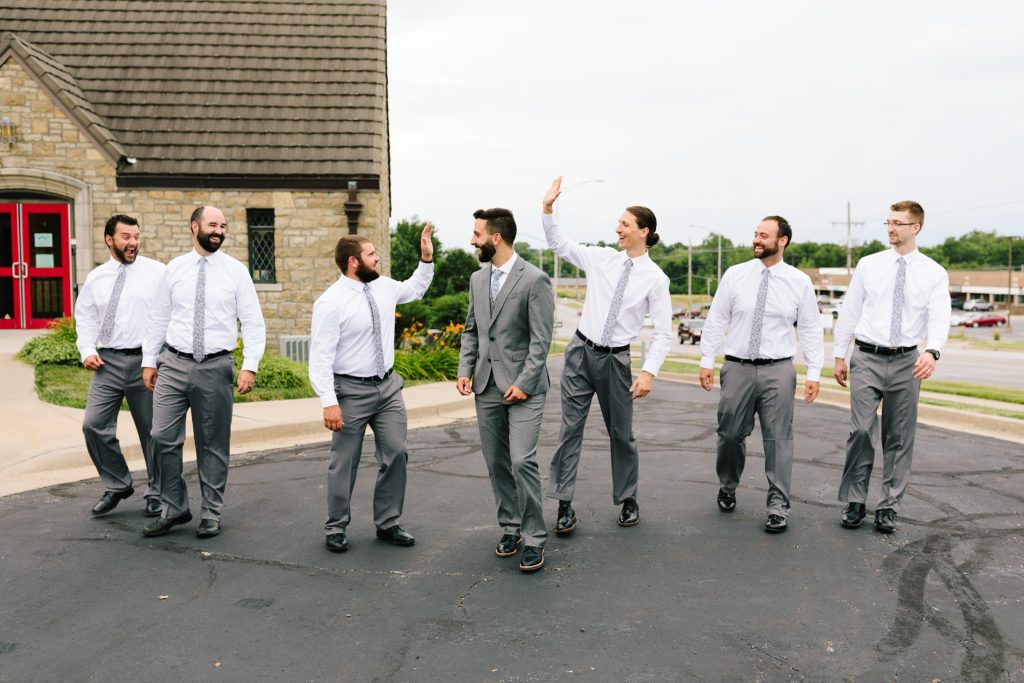 pose ideas for six groomsmen, groomsmen photos, Wedding at Gashland Evangelical Presbyterian Church in Kansas City, Kansas City wedding photographer,