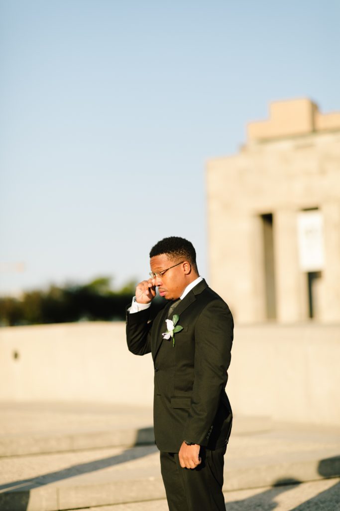 How to elope in kansas city, kansas city wedding photographer, how to plan an elopement, liberty memorial, wwi museum, outdoor elopement, natalie nichole photography, kansas city elopement photographer, first look, emotional groom, real moments, candid,