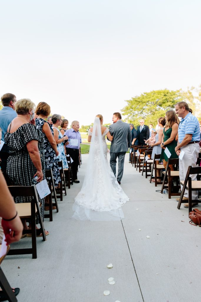 Summer Wedding at Mildale Farm, Natalie Nichole Photography, Kansas City Wedding Photographer, father walks bride down the aisle, long veil, outdoor wedding, wedding ceremony outside