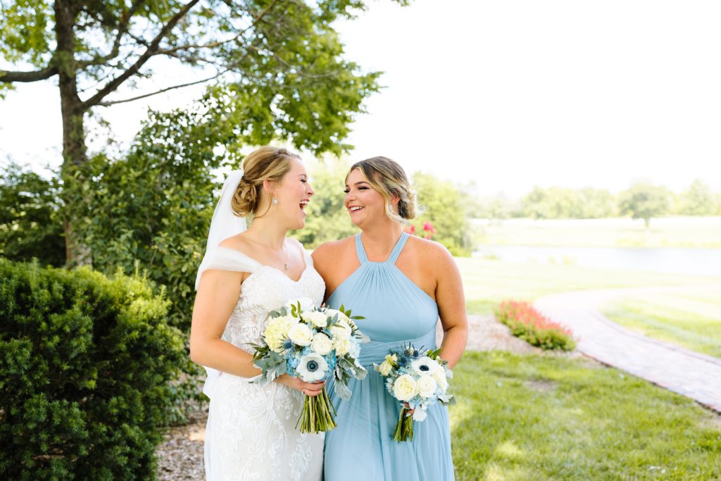 Summer Wedding at Mildale Farm, Natalie Nichole Photography, Kansas City Wedding Photographer, blue and white wedding, anemone, wedding dress, strapless wedding dress, wedding dress with removable straps, cathedral veil, maid of honor, strapless bridesmaid dress, light blue bridesmaids dress, sky blue, summer wedding color palette, elegant wedding colors
