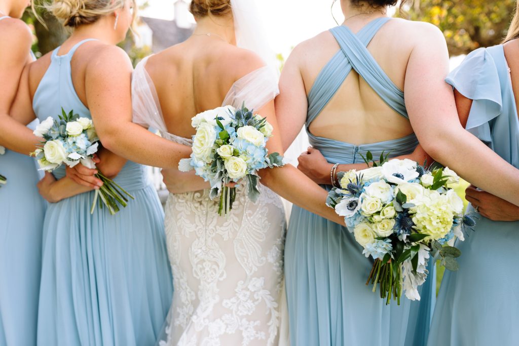 Summer Wedding at Mildale Farm, Natalie Nichole Photography, Kansas City Wedding Photographer, blue and white wedding, anemone, wedding dress, strapless wedding dress, wedding dress with removable straps, cathedral veil, maid of honor, strapless bridesmaid dress, light blue bridesmaids dress, sky blue, summer wedding color palette, 9 bridesmaids, nine bridesmaids, mix and match dress style, same color different dress, shades of blue, blue and white bouquet, the little clover, white roses,