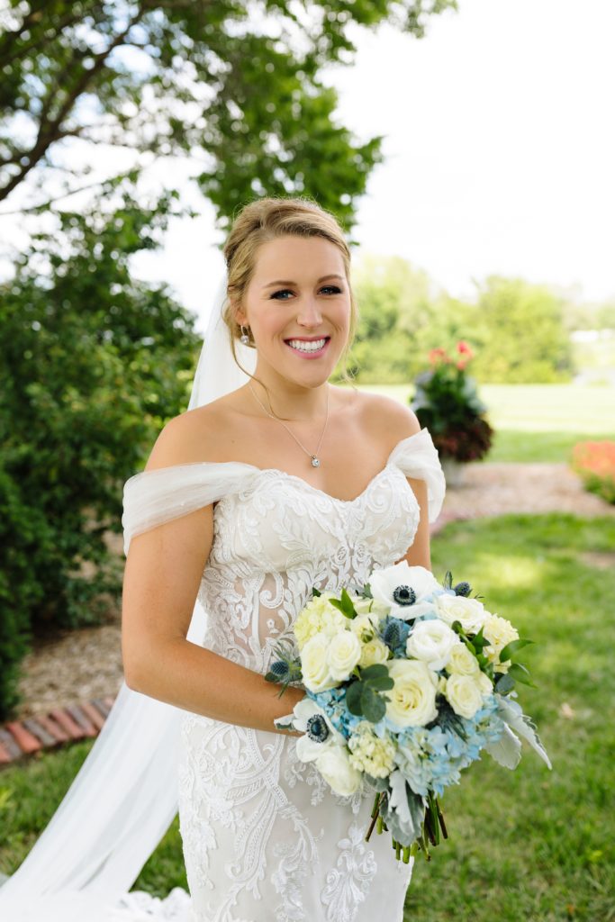 Summer Wedding at Mildale Farm, Natalie Nichole Photography, Kansas City Wedding Photographer, blue and white wedding, anemone, wedding dress, strapless wedding dress, wedding dress with removable straps, cathedral veil, sky blue, summer wedding color palette, shades of blue, blue and white bouquet, the little clover, white roses,