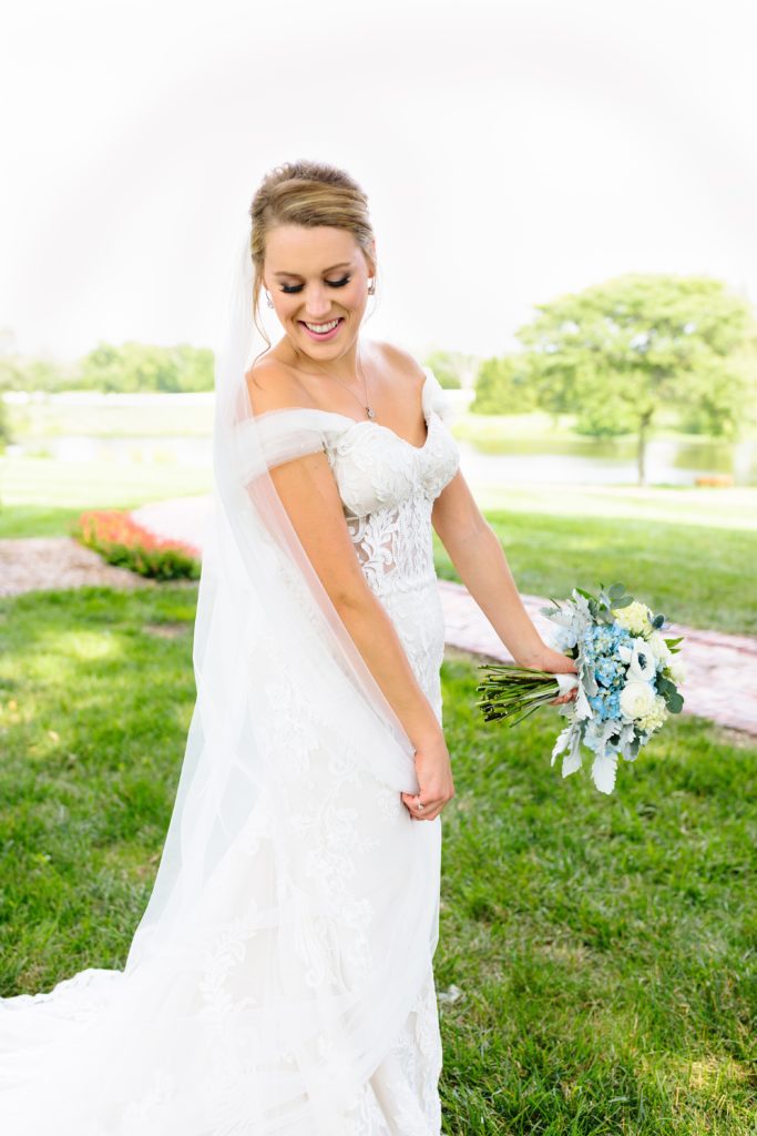 Summer Wedding at Mildale Farm, Natalie Nichole Photography, Kansas City Wedding Photographer, blue and white wedding, anemone, wedding dress, strapless wedding dress, wedding dress with removable straps, cathedral veil, sky blue, summer wedding color palette, shades of blue, blue and white bouquet, the little clover, white roses, portrait of bride, real bride,