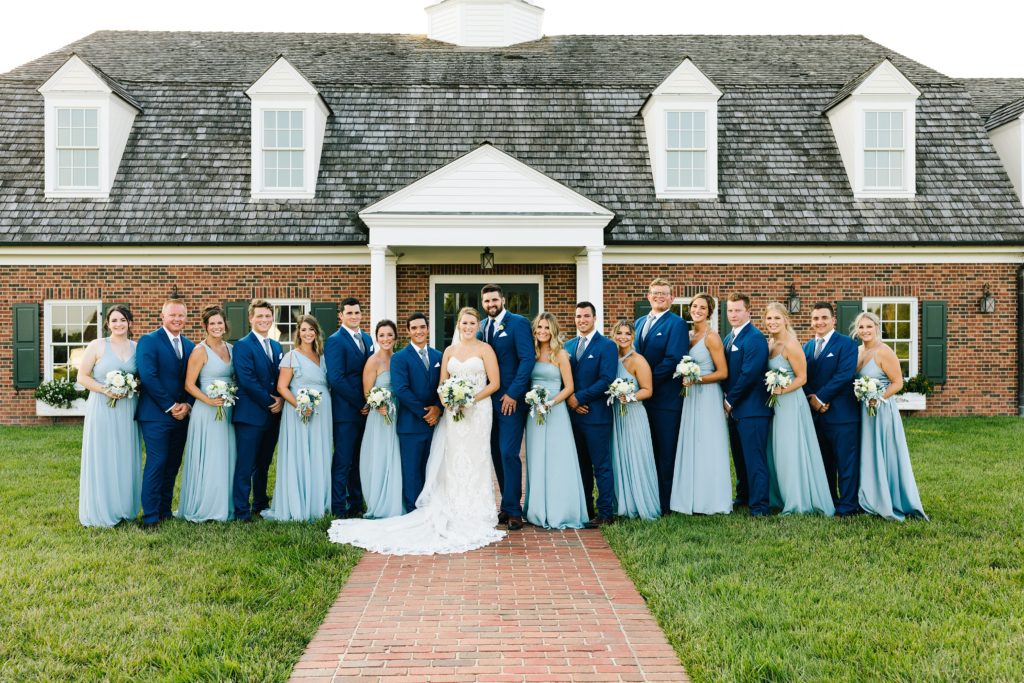 Summer Wedding at Mildale Farm, Natalie Nichole Photography, Kansas City Wedding Photographer, blue and white wedding, anemone, wedding dress, strapless wedding dress, wedding dress with removable straps, cathedral veil, maid of honor, strapless bridesmaid dress, light blue bridesmaids dress, sky blue, summer wedding color palette, 9 bridesmaids, nine bridesmaids, mix and match dress style, same color different dress, shades of blue, blue and white bouquet, the little clover, white roses, wedding party, eight groomsmen, 8 groomsmen, big wedding party