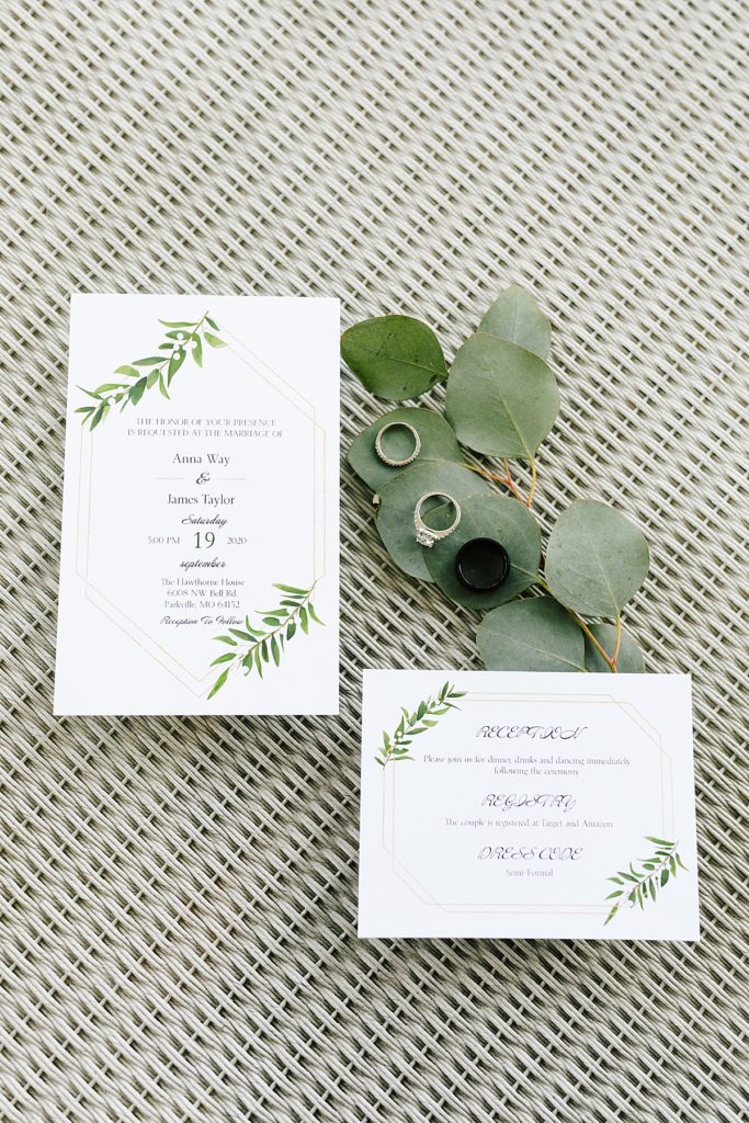 elegent wedding invitations, green and white, eucalyptus, wedding invitation suite, flat lay, wedding rings
