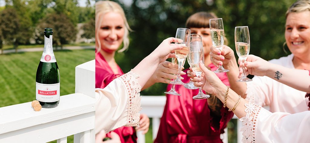 Summer wedding at the hawthorne house, kansas city wedding venue, kansas city photographer, bridesmaids, champagne, toasts, satin robes, bridesmaids gifts, getting ready on wedding day, cheers, clink,