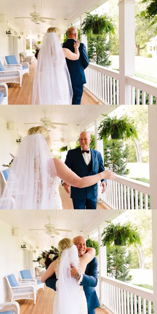 Summer wedding at the Hawthorne house, Kansas city wedding venue, Kansas city photographer, first look with dad, navy suit, lace wedding dress,