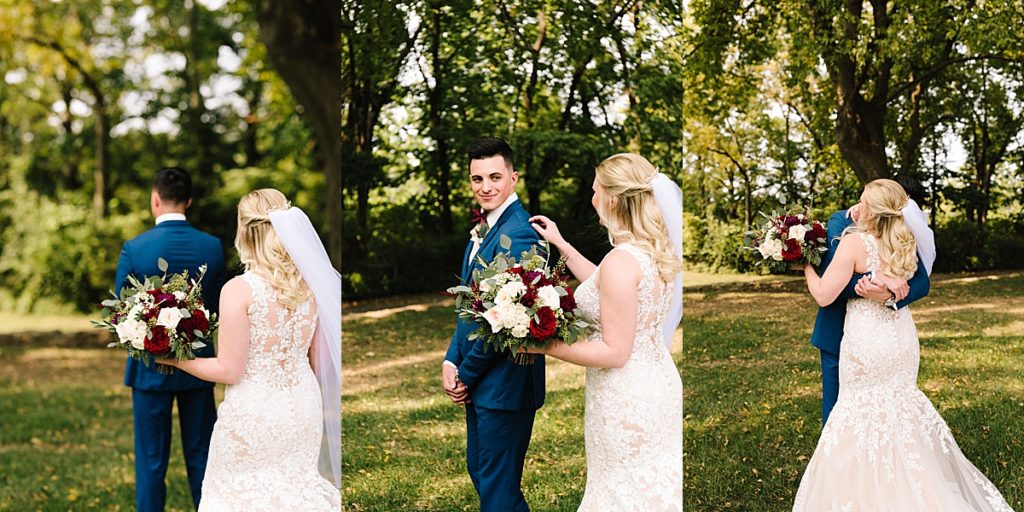 Summer wedding at the Hawthorne house, Kansas city wedding venue, Kansas city photographer, first look, real wedding, lace wedding dress, veil, navy suit, summer wedding color palette, fall wedding color palette, red and white bouquet,