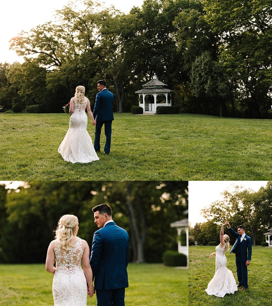 Summer wedding at the Hawthorne house, Kansas city wedding venue, Kansas city photographer, wedding inspo, wedding planning, wedding portraits, wedding pictures, sunset, golden hour, husband and wife, newlyweds, newly married, wedding ceremony, navy suit, lace wedding dress, maroon bow tie,
