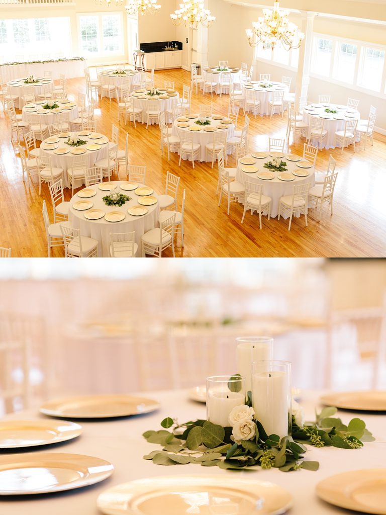 Summer wedding at the Hawthorne house, Kansas city wedding venue, Kansas city photographer, wedding inspo, wedding planning, wedding reception, wedding decor, reception decorations, centerpieces, eucalyptus, gold chargers, green and gold, minimal table decor, classic, elegant, white chairs,