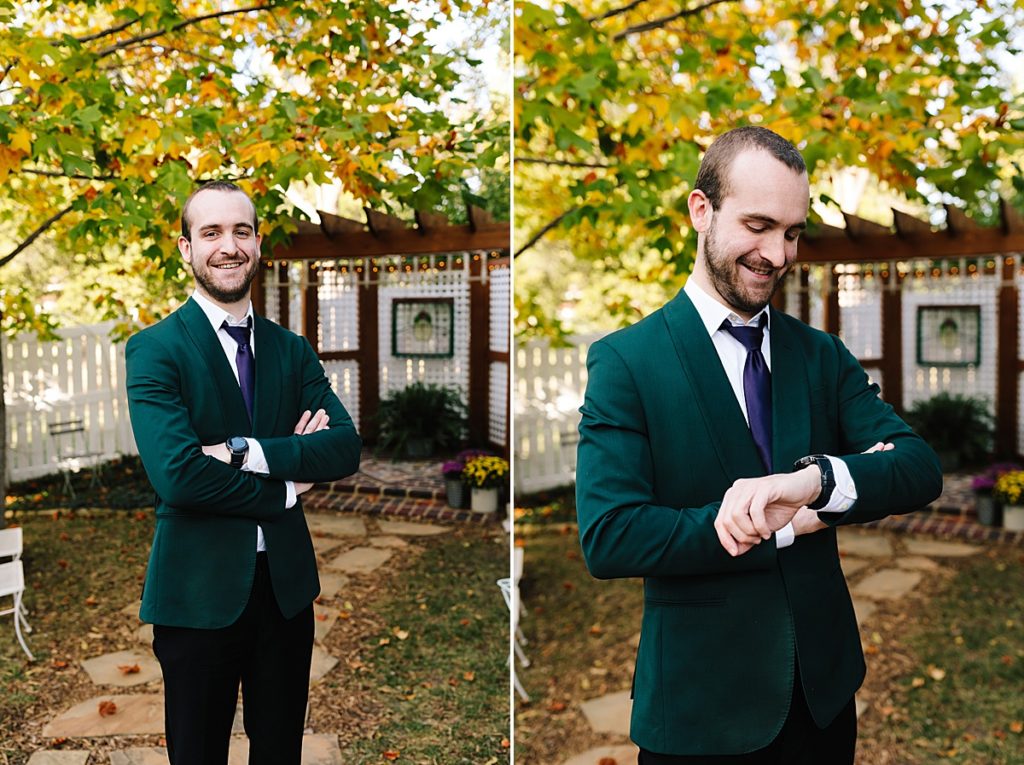 groom wearing an emerald green suit and a purple tie