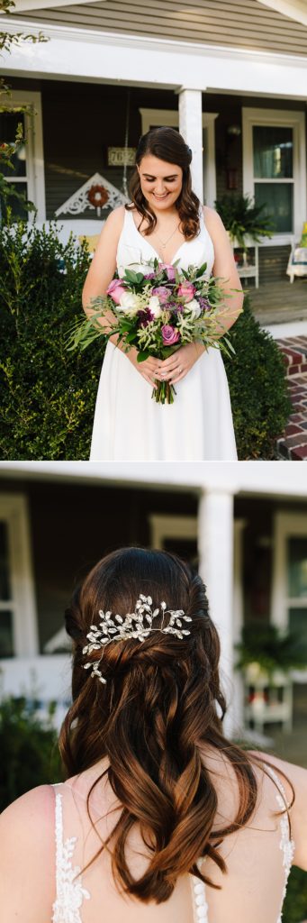 modern bride with a boho twist wears her hair half up half down with a sparkly hair piece comb