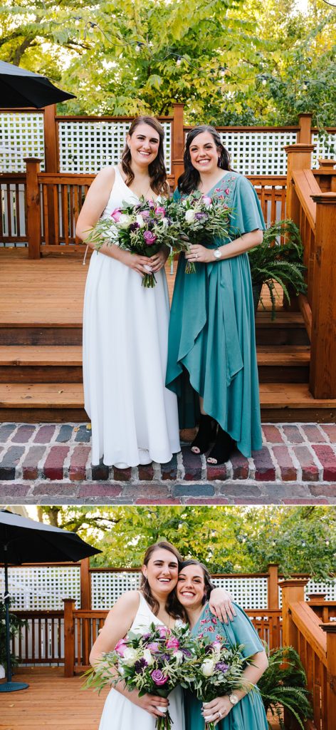 bride wearing a dress from savvys bridal and her maid of honor in a blue flowy boho dress