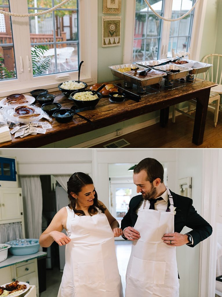 bride and groom put on aprons before eating their catered Q39 barbecue at their intimate wedding