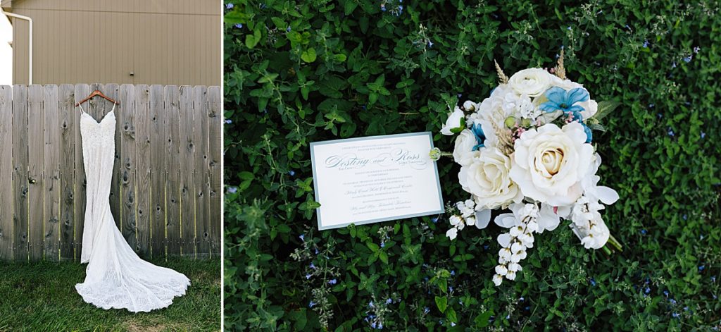 wedding dress from Stephanie's Bridal in Independence Missouri, blue and white floral bouquet and invitation suite