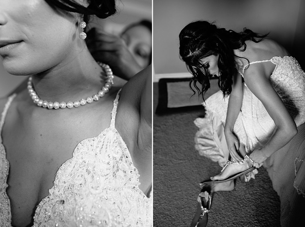 bride completes her bridal look with pearl jewelry and sparkly sandals, bride wears flats for her Kansas City wedding with a backyard reception