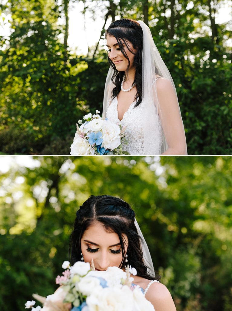 bride with soft glam bridal makeup look wearing lace beaded wedding dress from stephanie's bridal in independence missouri