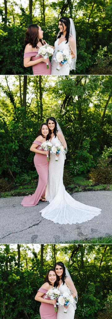 bride with her bridesmaid wearing a mauve off the shoulder dress form windsor