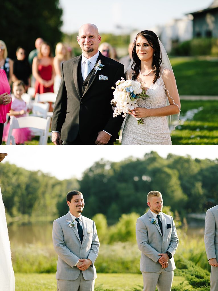 groom shares first look with the bride as she is walked down the aisle by her dad at their outdoor wedding ceremony in kansas city