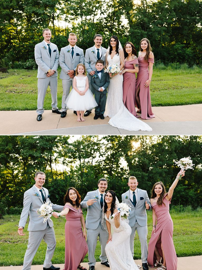 Whole wedding party, two bridesmaids, two groomsmen, flower girl, ring bearer, grey suits, mauve dresses
